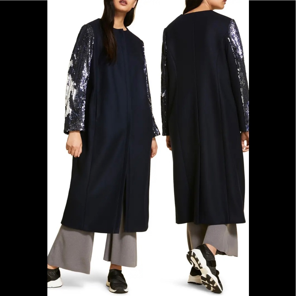Marina Rinaldi Navy Coat with Silver Sequin Sleeves